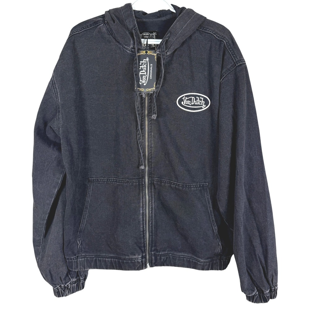 Von Dutch Denim Hooded Jacket Mens M Black Washed Patch Logo Full Zip NEW